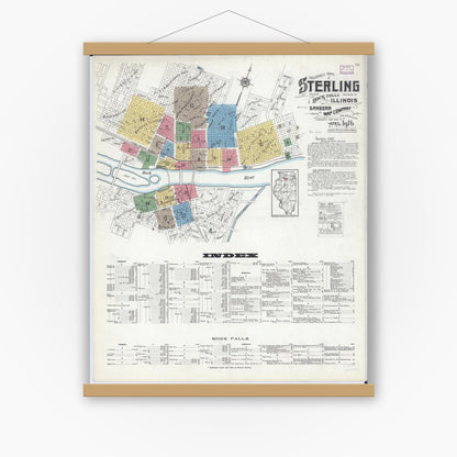 Old map wall art mockup — magnetic wood frame on white wall — Sanborn Fire Insurance Map from Sterling, Whiteside County, Illinois (1916) - Complete Map Set