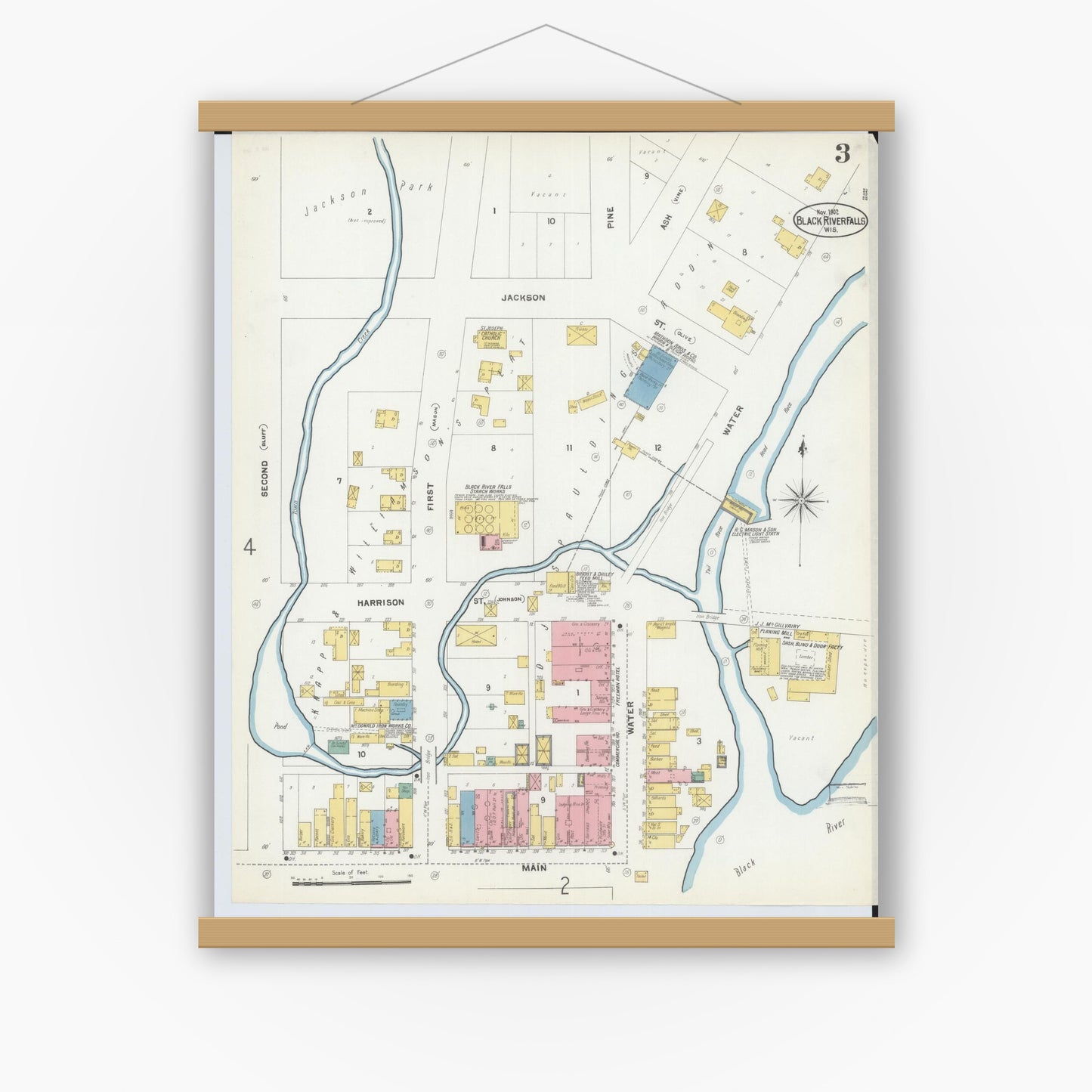 Old map wall art mockup — magnetic wood frame on white wall — Sanborn Fire Insurance Map from Black River Falls, Jackson County, Wisconsin (1902), Sheet #0003