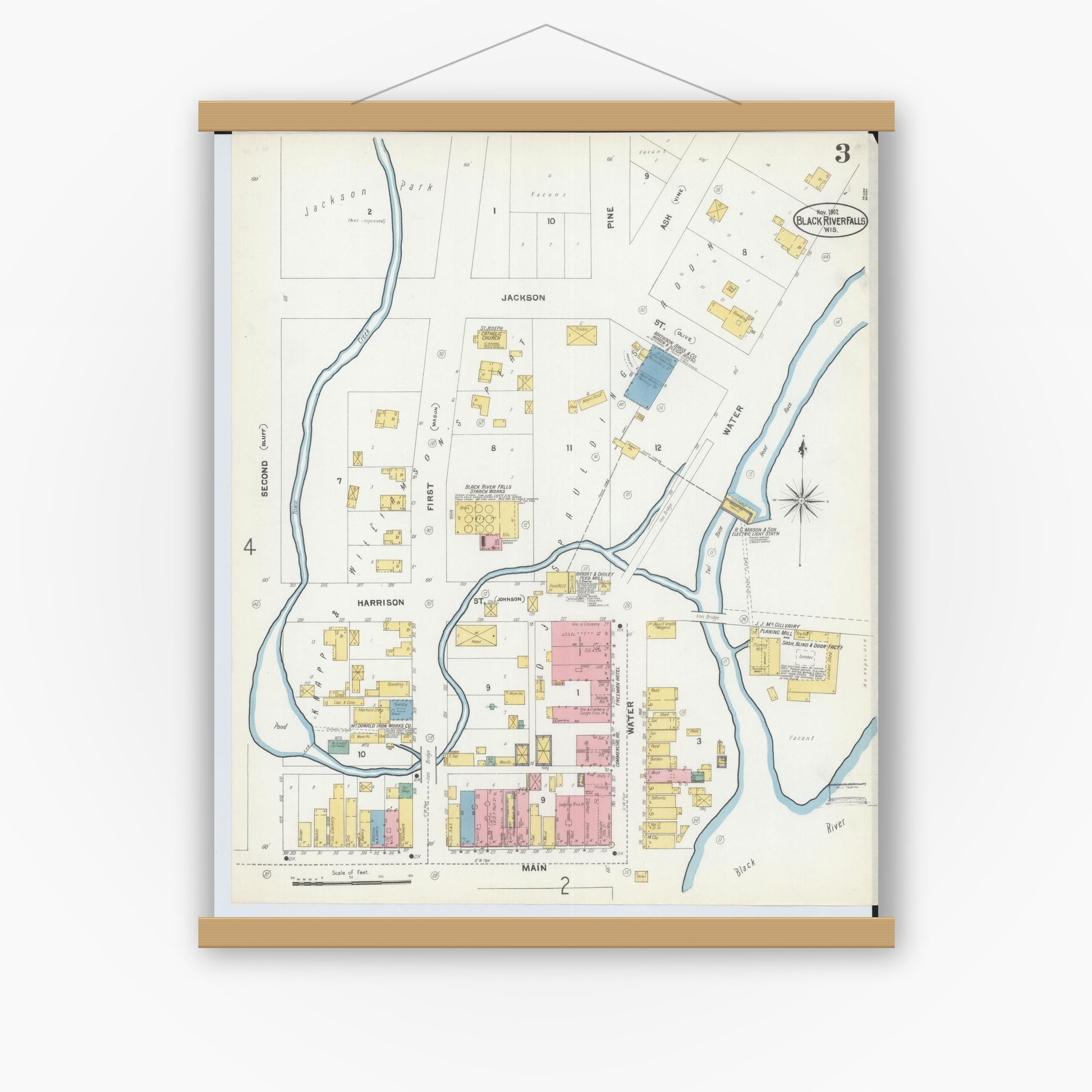 Old map wall art mockup — magnetic wood frame on white wall — Sanborn Fire Insurance Map from Black River Falls, Jackson County, Wisconsin (1902), Sheet #0003