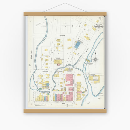 Old map wall art mockup — magnetic wood frame on white wall — Sanborn Fire Insurance Map from Black River Falls, Jackson County, Wisconsin (1902), Sheet #0003