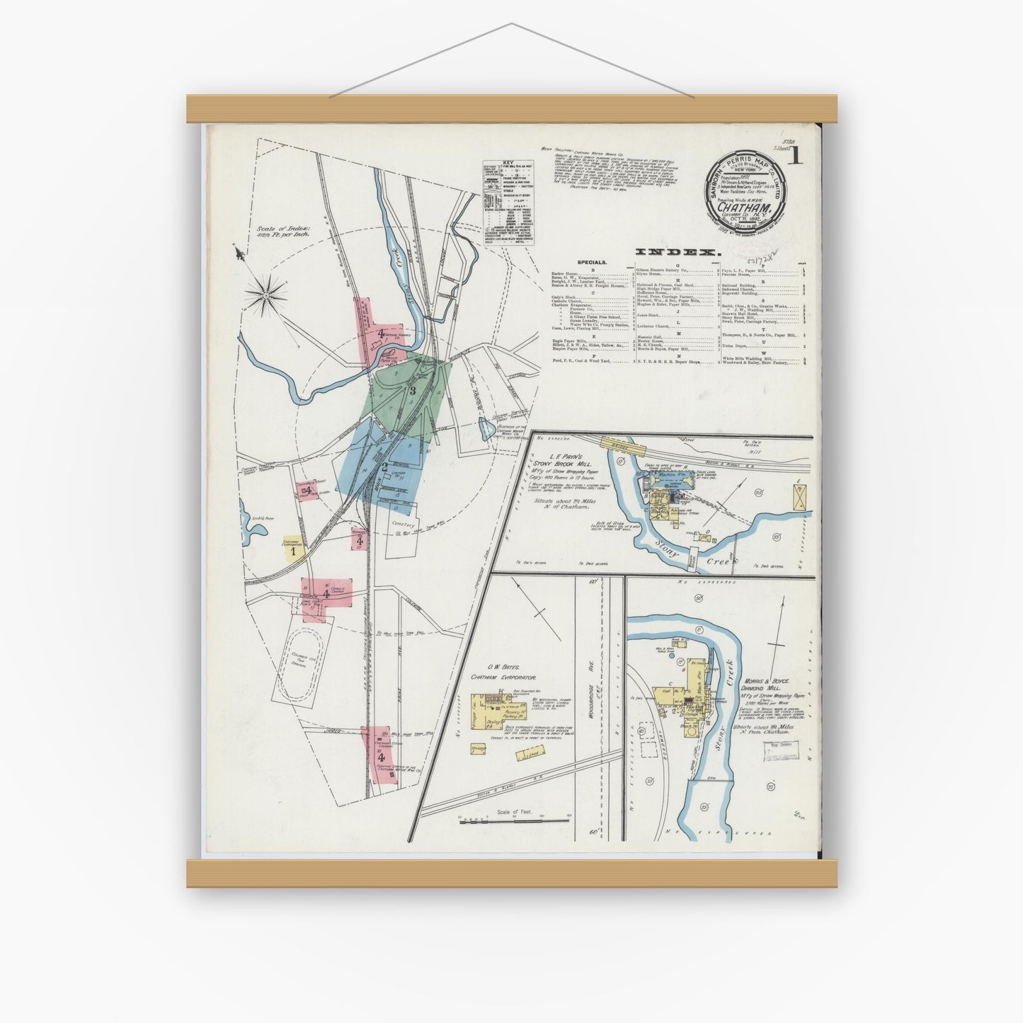 Old map wall art mockup — magnetic wood frame on white wall — Sanborn Fire Insurance Map from Chatham, Columbia County, New York (1892) - Complete Map Set