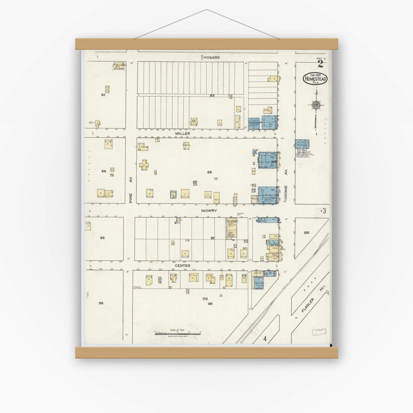 Old map wall art mockup — magnetic wood frame on white wall — Sanborn Fire Insurance Map from Holmestead, Dade County, Florida (1920), Sheet #0002