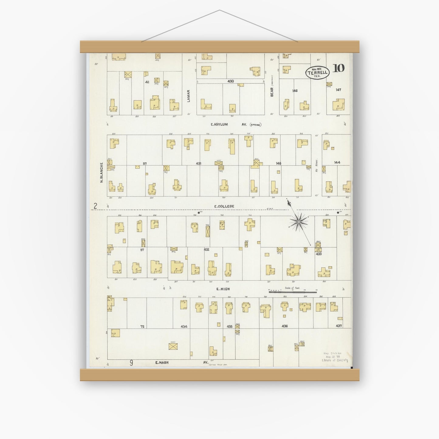 Old map wall art mockup — magnetic wood frame on white wall — Sanborn Fire Insurance Map from Terrell, Kaufman County, Texas (1902), Sheet #0010