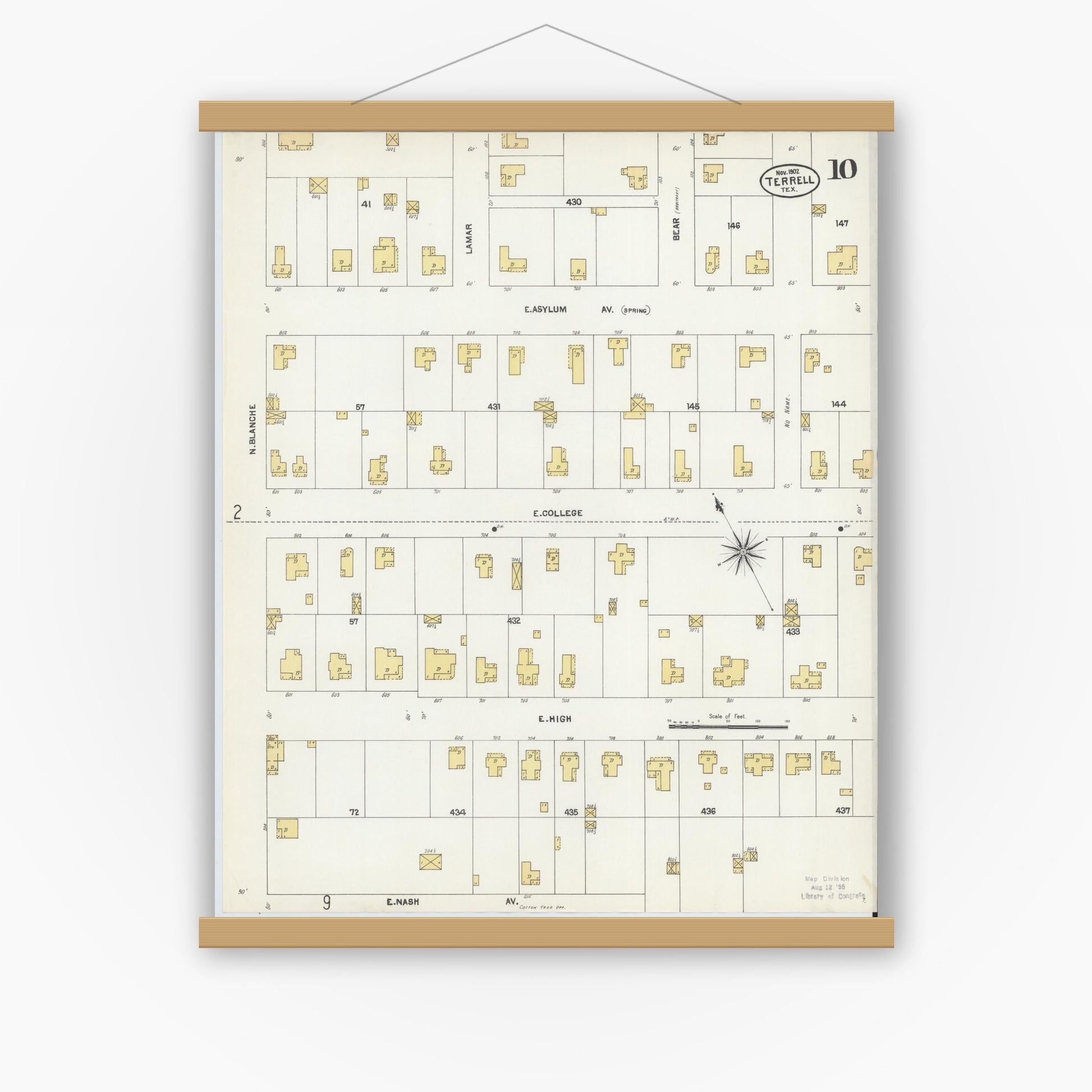 Old map wall art mockup — magnetic wood frame on white wall — Sanborn Fire Insurance Map from Terrell, Kaufman County, Texas (1902), Sheet #0010