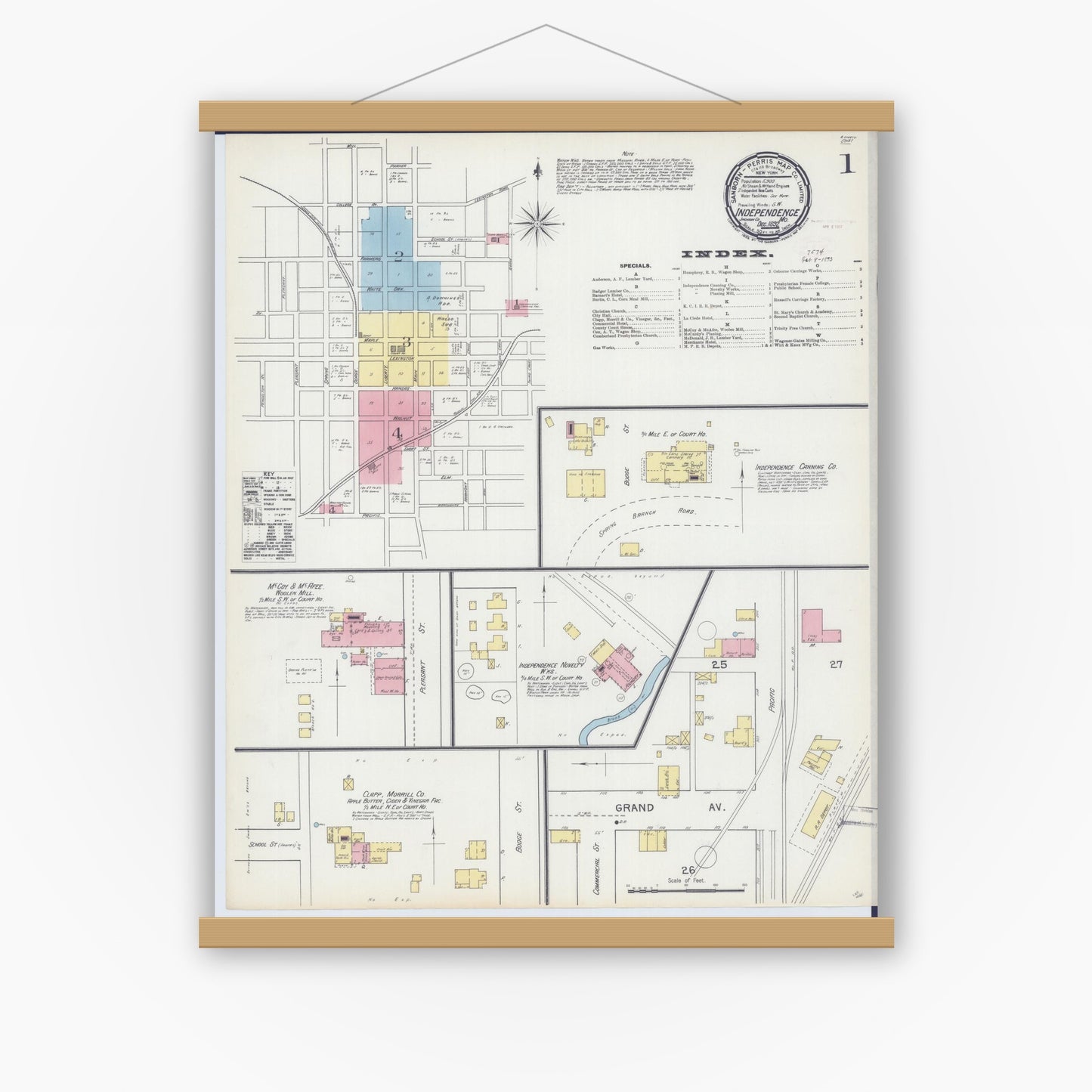 Old map wall art mockup — magnetic wood frame on white wall — Sanborn Fire Insurance Map from Independence, Jackson County, Missouri (1892) - Complete Map Set