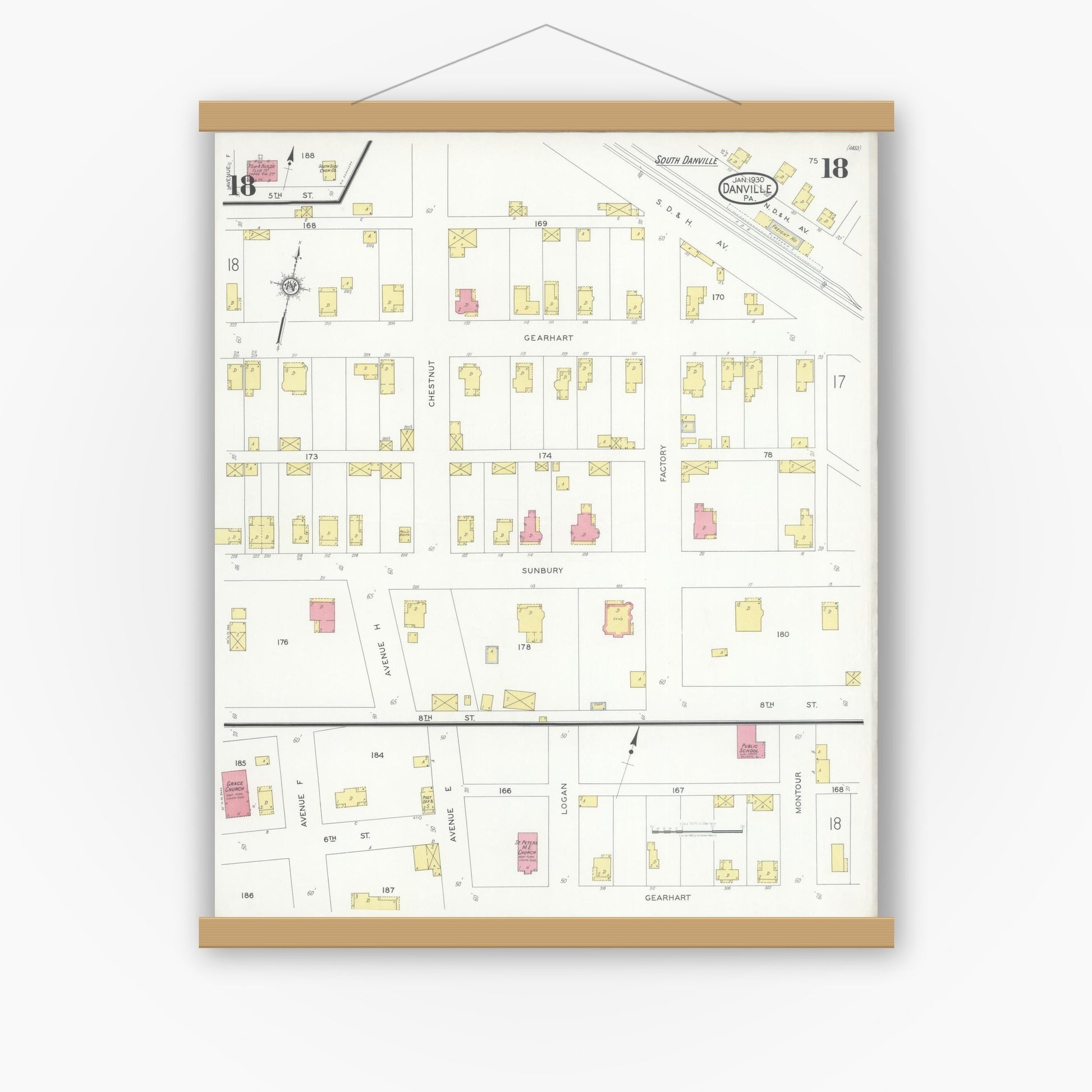 Old map wall art mockup — magnetic wood frame on white wall — Sanborn Fire Insurance Map from Danville, Montour County, Pennsylvania (1930), Sheet #0018