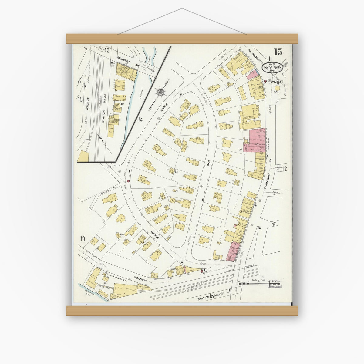 Old map wall art mockup — magnetic wood frame on white wall — Sanborn Fire Insurance Map from Hyde Park, Norfolk County, Massachusetts (1911), Sheet #0015