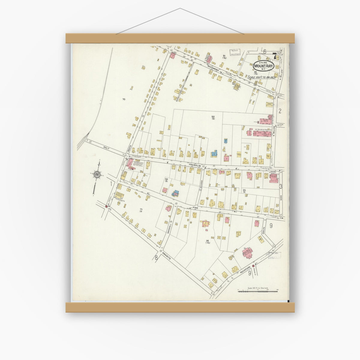 Old map wall art mockup — magnetic wood frame on white wall — Sanborn Fire Insurance Map from Mount Airy, Surry County, North Carolina (1916), Sheet #0007