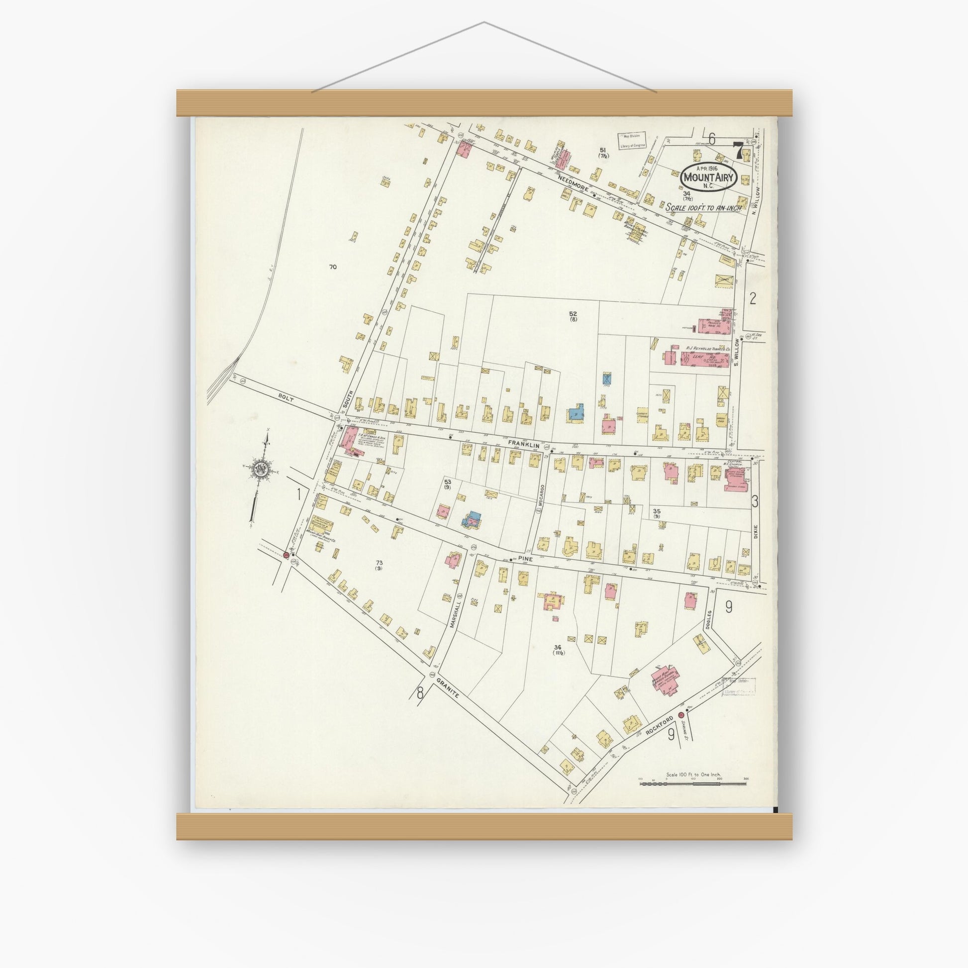 Old map wall art mockup — magnetic wood frame on white wall — Sanborn Fire Insurance Map from Mount Airy, Surry County, North Carolina (1916), Sheet #0007
