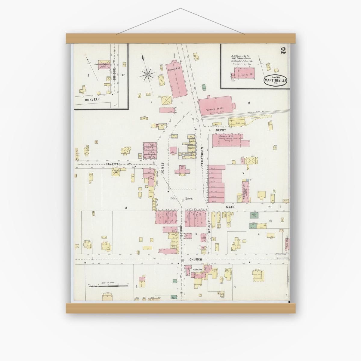 Old map wall art mockup — magnetic wood frame on white wall — Sanborn Fire Insurance Map from Martinsville, Independent Cities, Virginia (1896), Sheet #0002