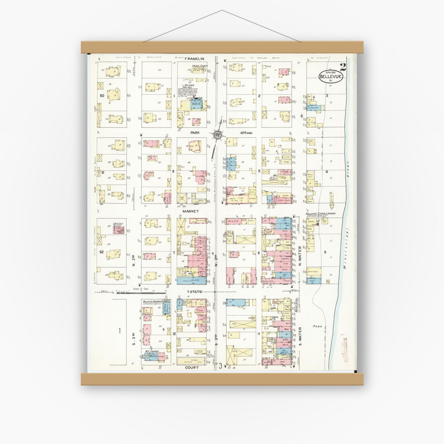 Old map wall art mockup — magnetic wood frame on white wall — Sanborn Fire Insurance Map from Bellevue, Jackson County, Iowa (1914), Sheet #0002