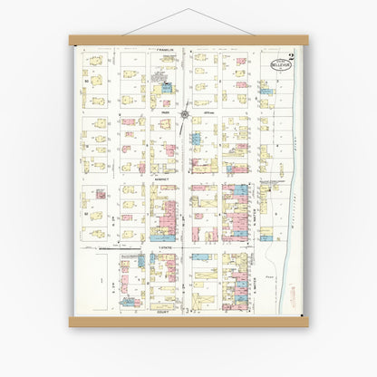 Old map wall art mockup — magnetic wood frame on white wall — Sanborn Fire Insurance Map from Bellevue, Jackson County, Iowa (1914), Sheet #0002
