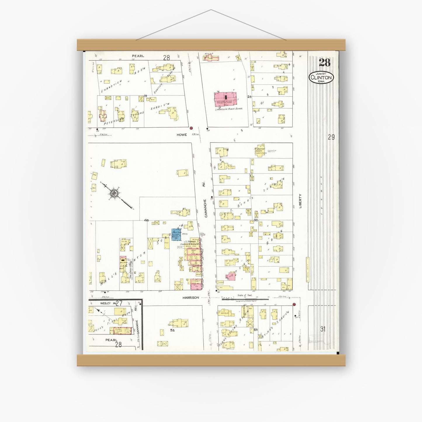 Old map wall art mockup — magnetic wood frame on white wall — Sanborn Fire Insurance Map from Clinton, Clinton County, Iowa (1917), Sheet #0028