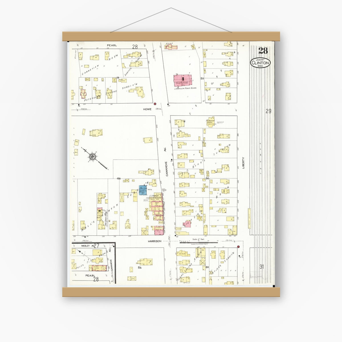Old map wall art mockup — magnetic wood frame on white wall — Sanborn Fire Insurance Map from Clinton, Clinton County, Iowa (1917), Sheet #0028