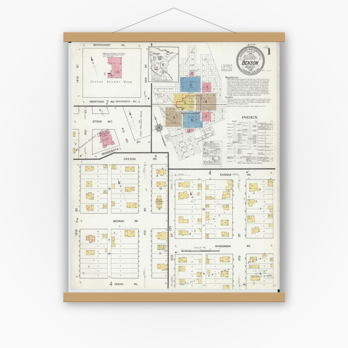 Old map wall art mockup — magnetic wood frame on white wall — Sanborn Fire Insurance Map from Benson, Swift County, Minnesota (1916), Sheet #0001