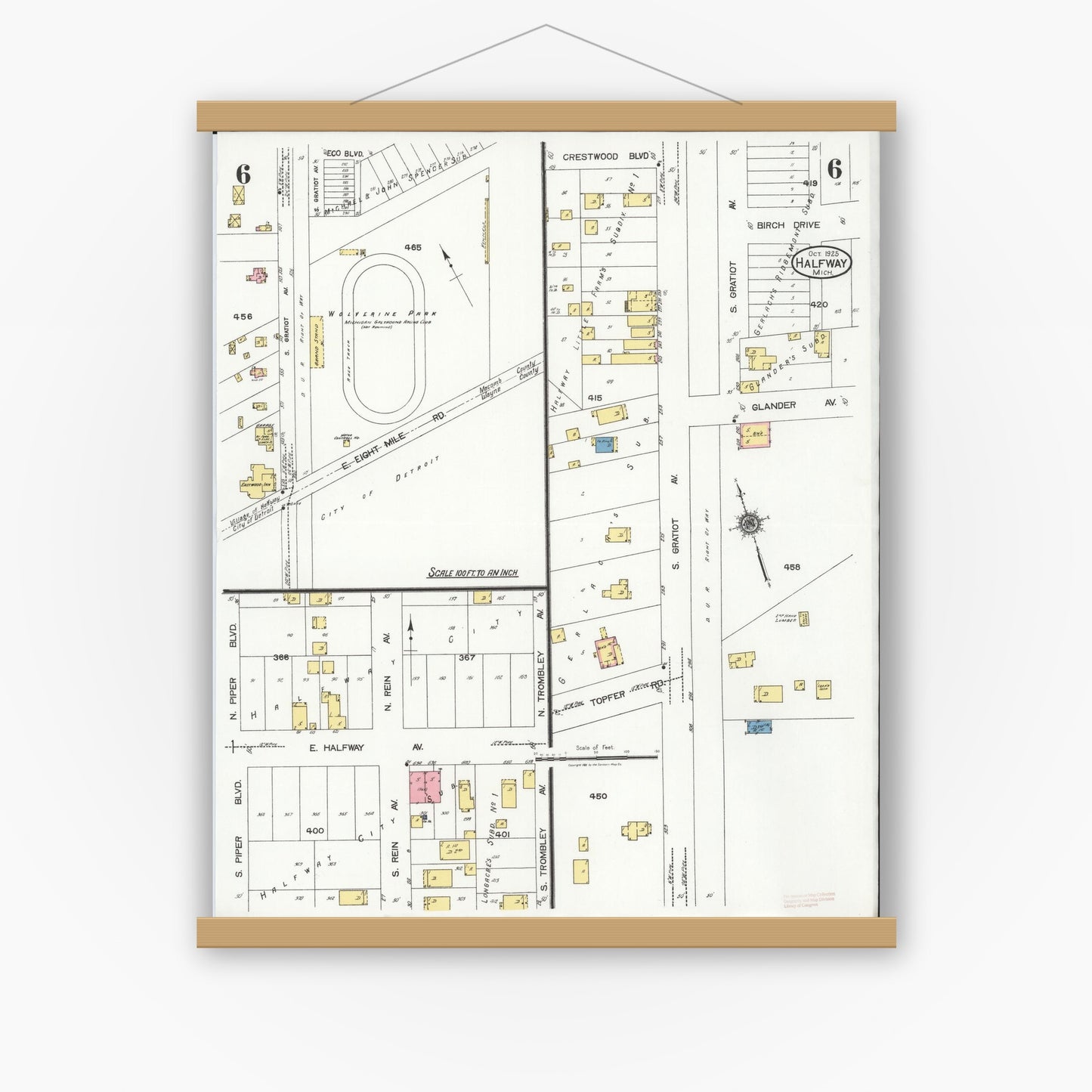 Old map wall art mockup — magnetic wood frame on white wall — Sanborn Fire Insurance Map from Halfway, Macomb County, Michigan (1925), Sheet #0006