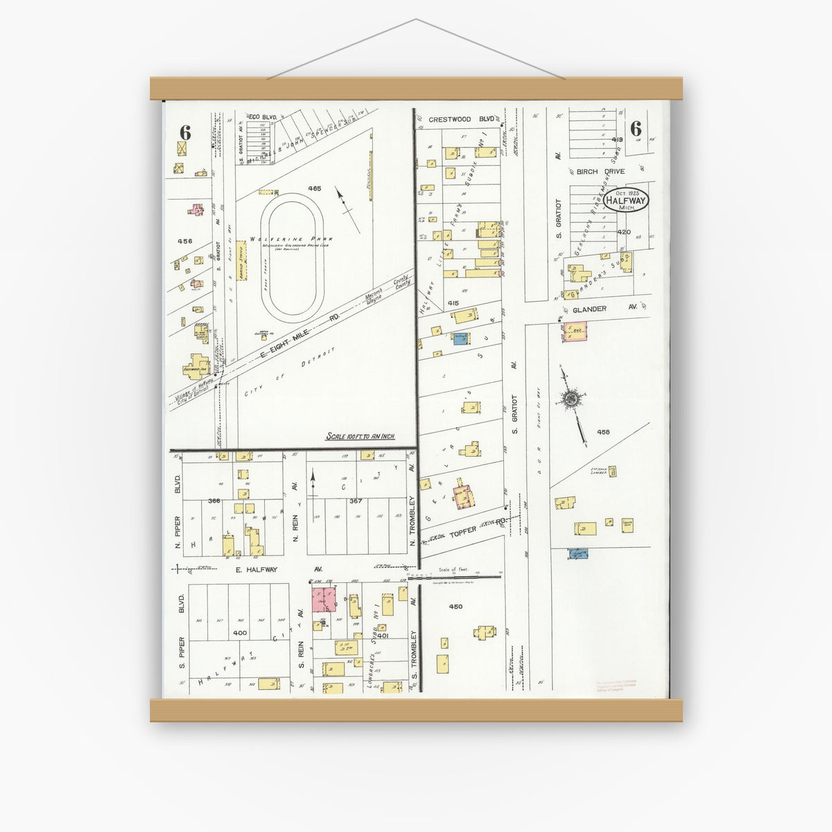 Old map wall art mockup — magnetic wood frame on white wall — Sanborn Fire Insurance Map from Halfway, Macomb County, Michigan (1925), Sheet #0006