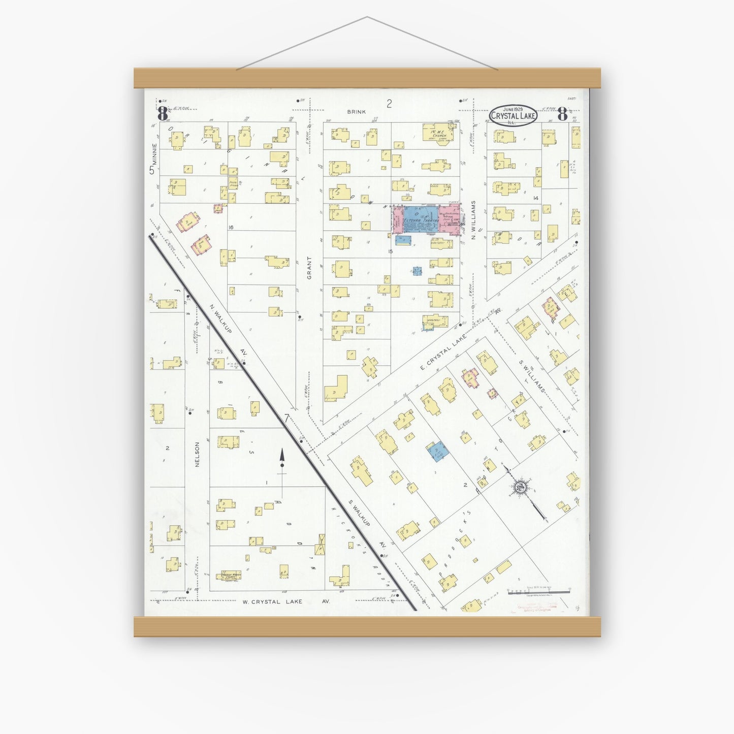 Old map wall art mockup — magnetic wood frame on white wall — Sanborn Fire Insurance Map from Crystal Lake, McHenry County, Illinois (1929), Sheet #0008
