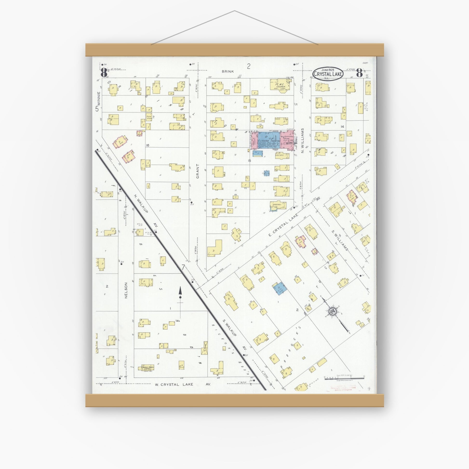 Old map wall art mockup — magnetic wood frame on white wall — Sanborn Fire Insurance Map from Crystal Lake, McHenry County, Illinois (1929), Sheet #0008