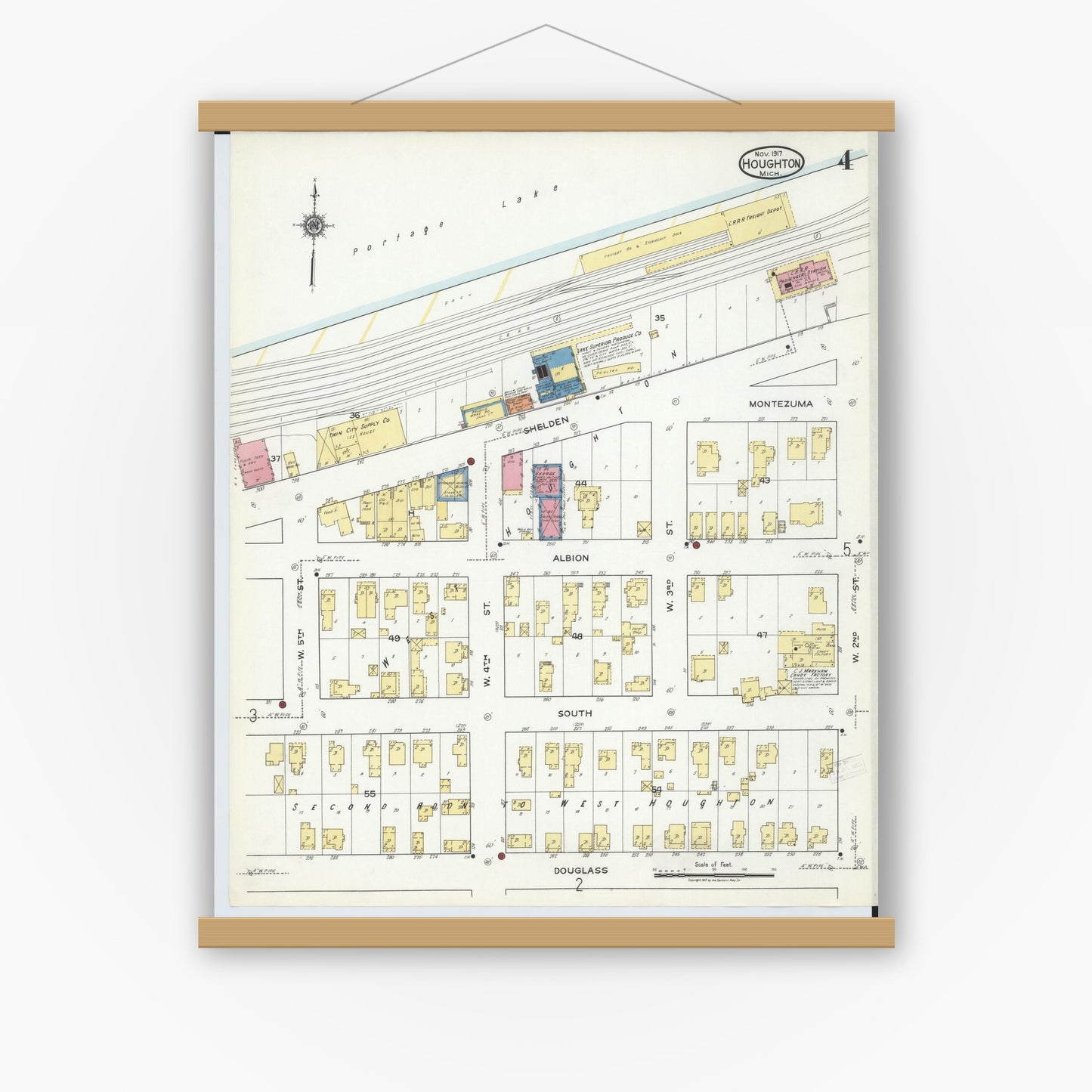 Old map wall art mockup — magnetic wood frame on white wall — Sanborn Fire Insurance Map from Houghton, Houghton County, Michigan (1917), Sheet #0004