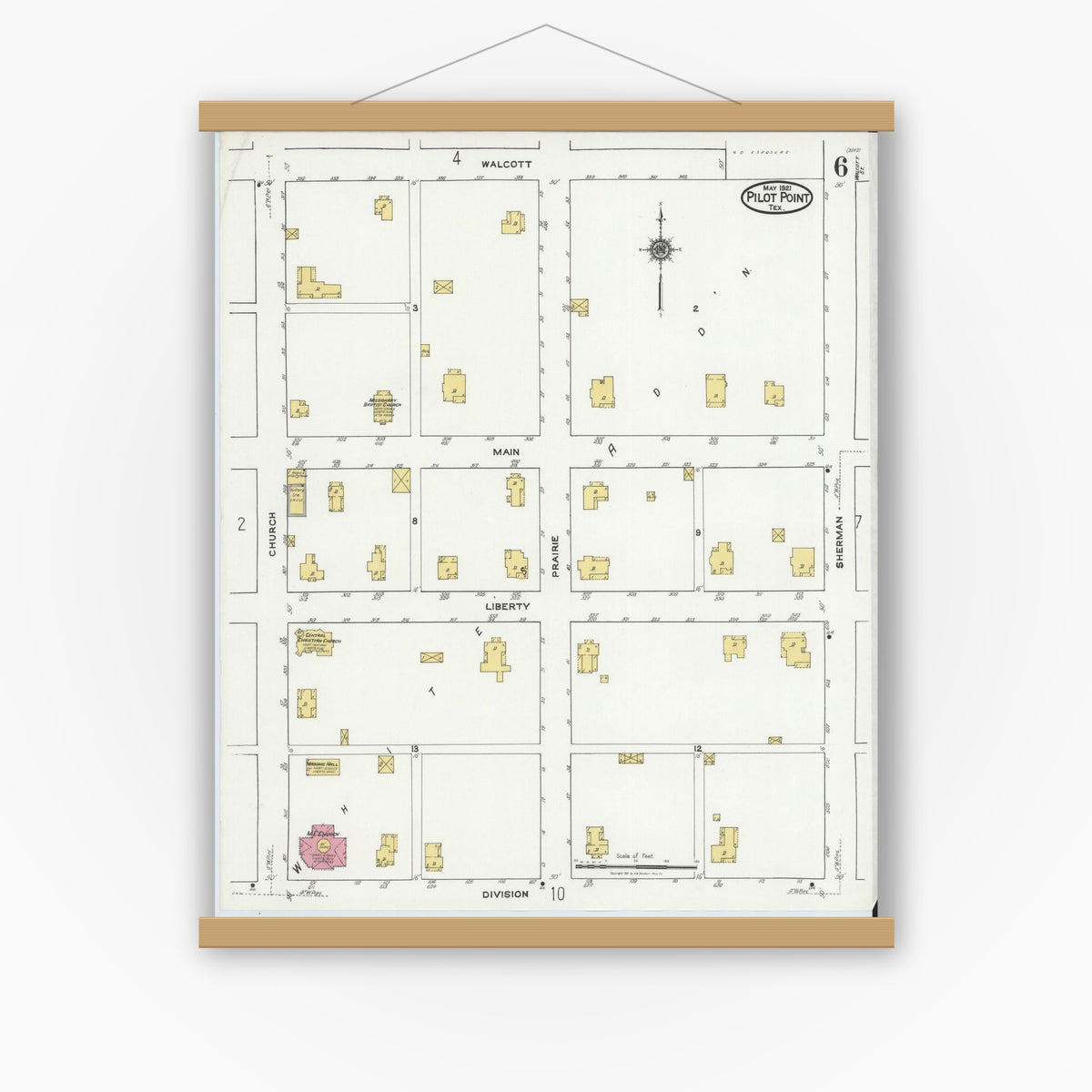 Old map wall art mockup — magnetic wood frame on white wall — Sanborn Fire Insurance Map from Pilot Point, Denton County, Texas (1921), Sheet #0006