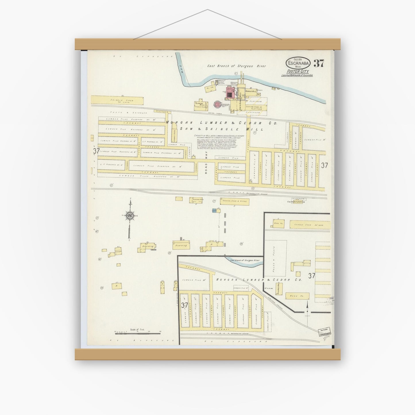 Old map wall art mockup — magnetic wood frame on white wall — Sanborn Fire Insurance Map from Escanaba, Delta County, Michigan (1913), Sheet #0037