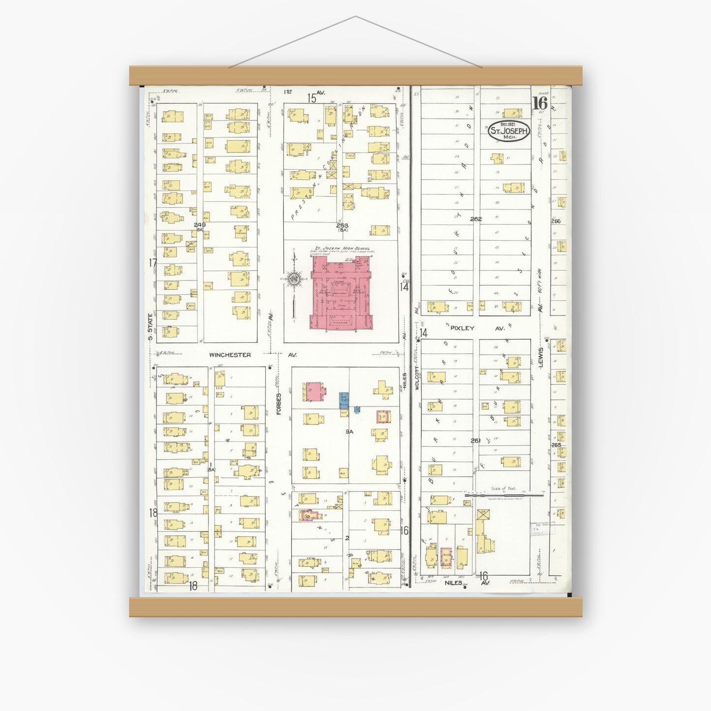 Old map wall art mockup — magnetic wood frame on white wall — Sanborn Fire Insurance Map from Saint Joseph, Berrien County, Michigan (1921), Sheet #0016