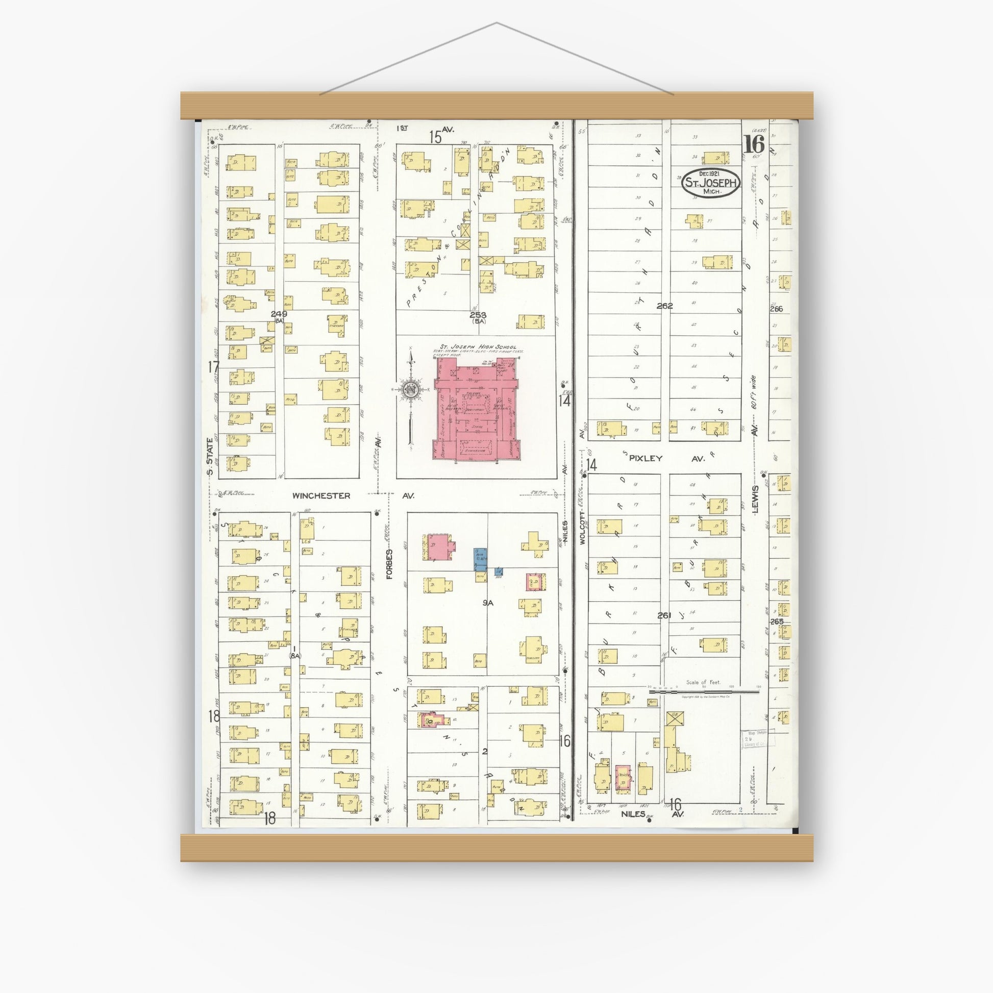 Old map wall art mockup — magnetic wood frame on white wall — Sanborn Fire Insurance Map from Saint Joseph, Berrien County, Michigan (1921), Sheet #0016