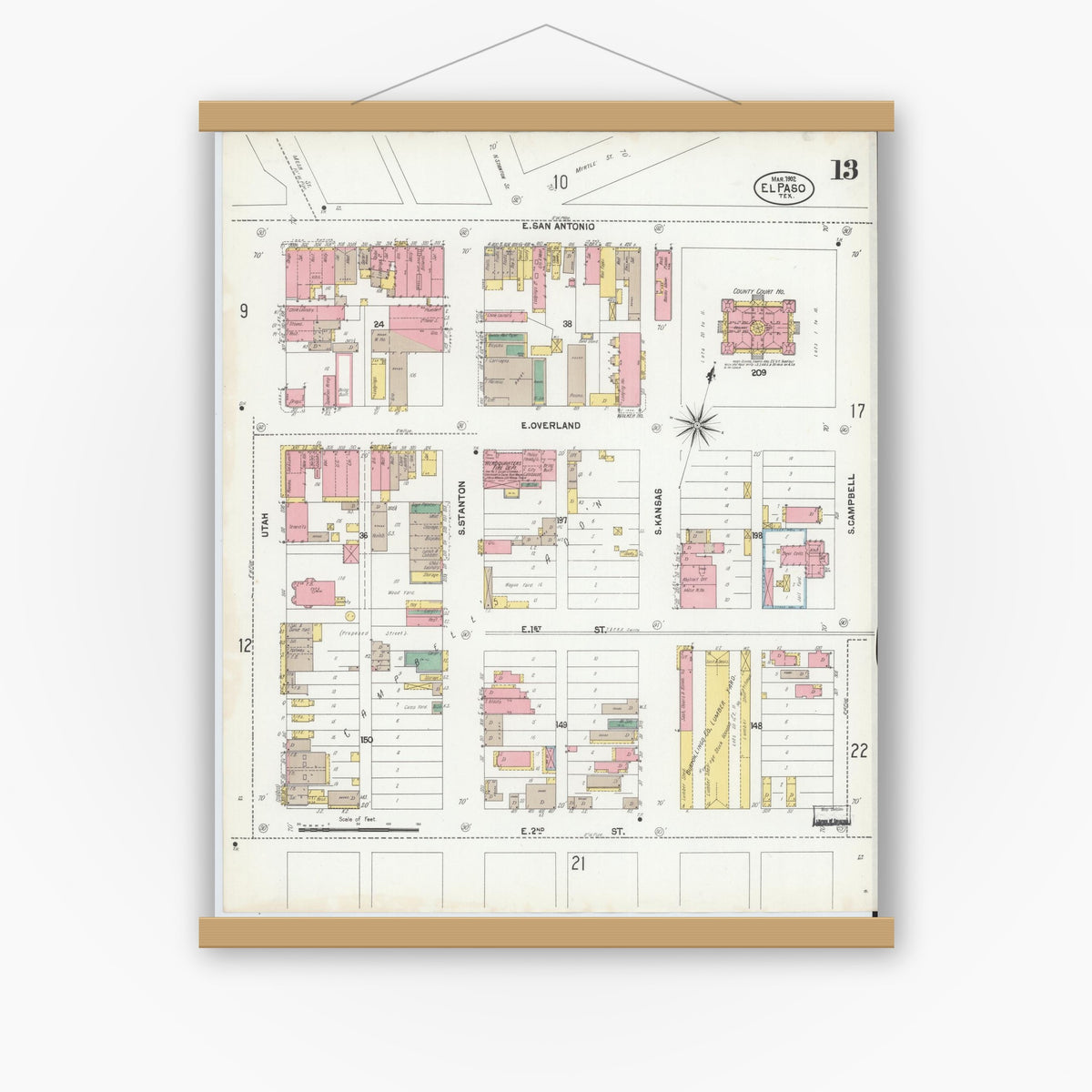 Old map wall art mockup — magnetic wood frame on white wall — Sanborn Fire Insurance Map from El Paso, El Paso County, Texas (1902), Sheet #0013