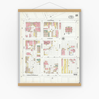Old map wall art mockup — magnetic wood frame on white wall — Sanborn Fire Insurance Map from El Paso, El Paso County, Texas (1902), Sheet #0013