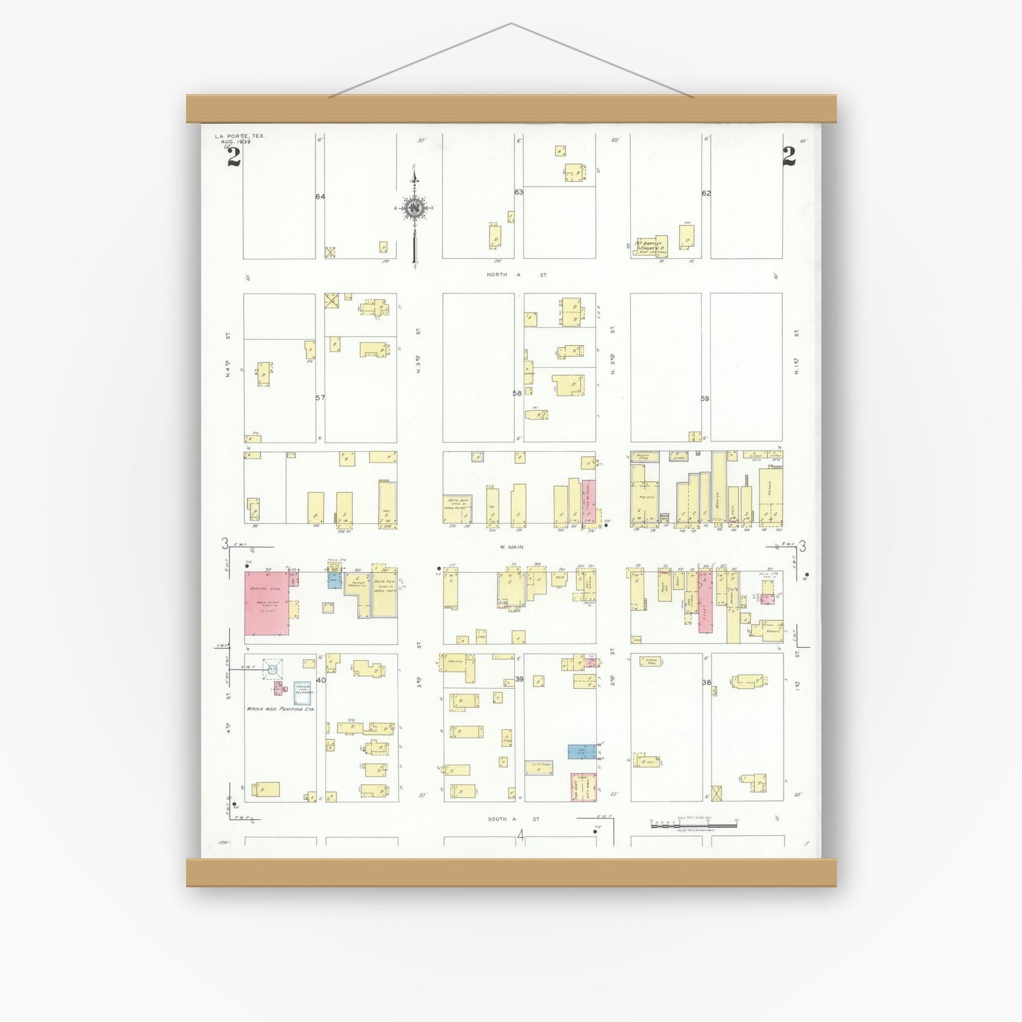Old map wall art mockup — magnetic wood frame on white wall — Sanborn Fire Insurance Map from La Porte, Harris County, Texas (1939), Sheet #0002
