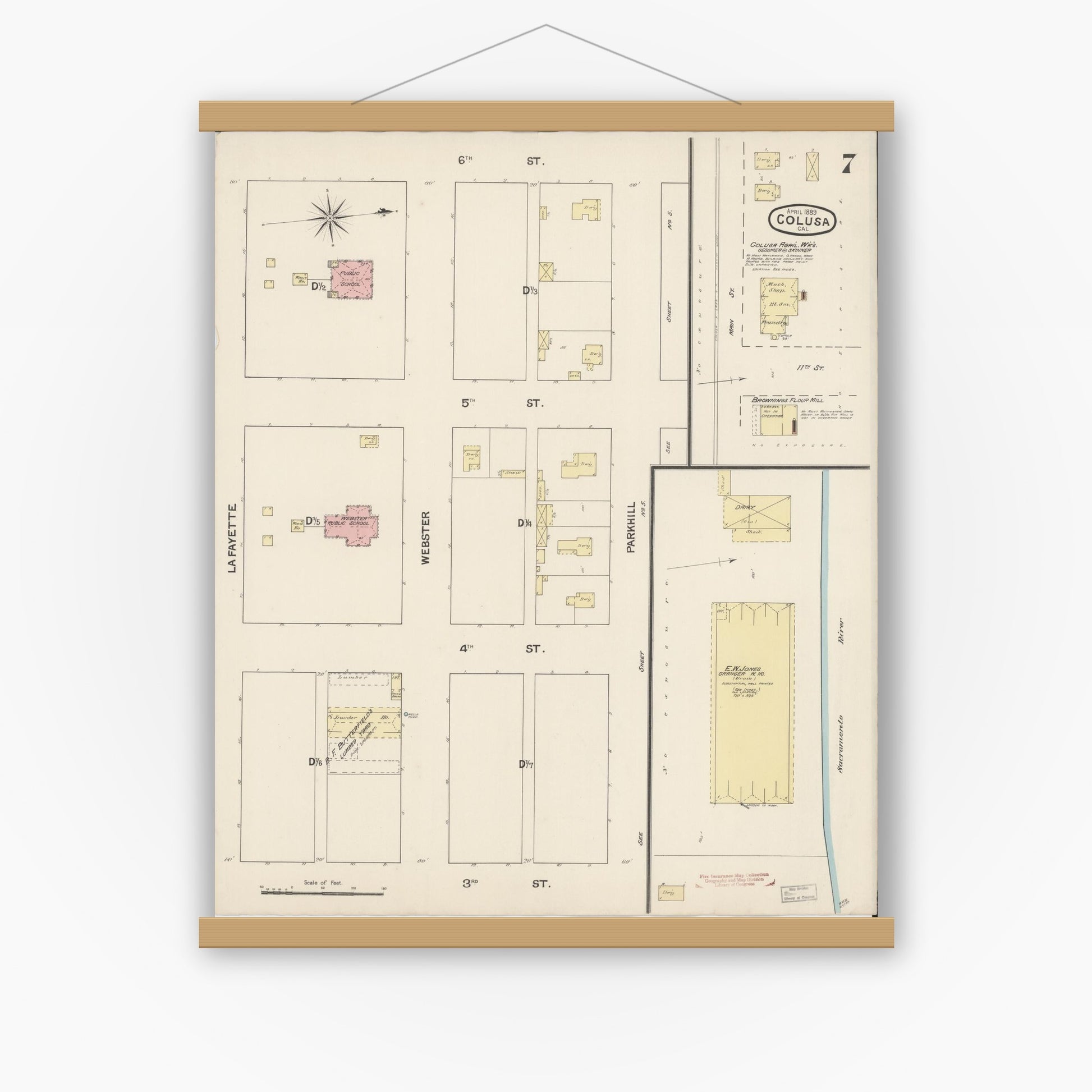 Old map wall art mockup — magnetic wood frame on white wall — Sanborn Fire Insurance Map from Colusa, Colusa County, California (1889), Sheet #0007