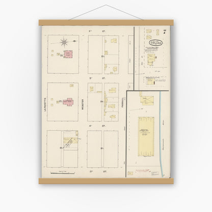 Old map wall art mockup — magnetic wood frame on white wall — Sanborn Fire Insurance Map from Colusa, Colusa County, California (1889), Sheet #0007