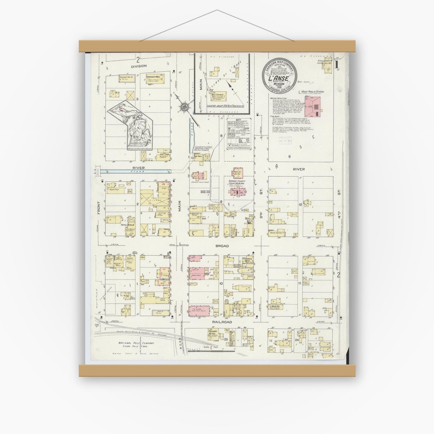 Old map wall art mockup — magnetic wood frame on white wall — Sanborn Fire Insurance Map from L'Anse, Baraga County, Michigan (1914), Sheet #0001
