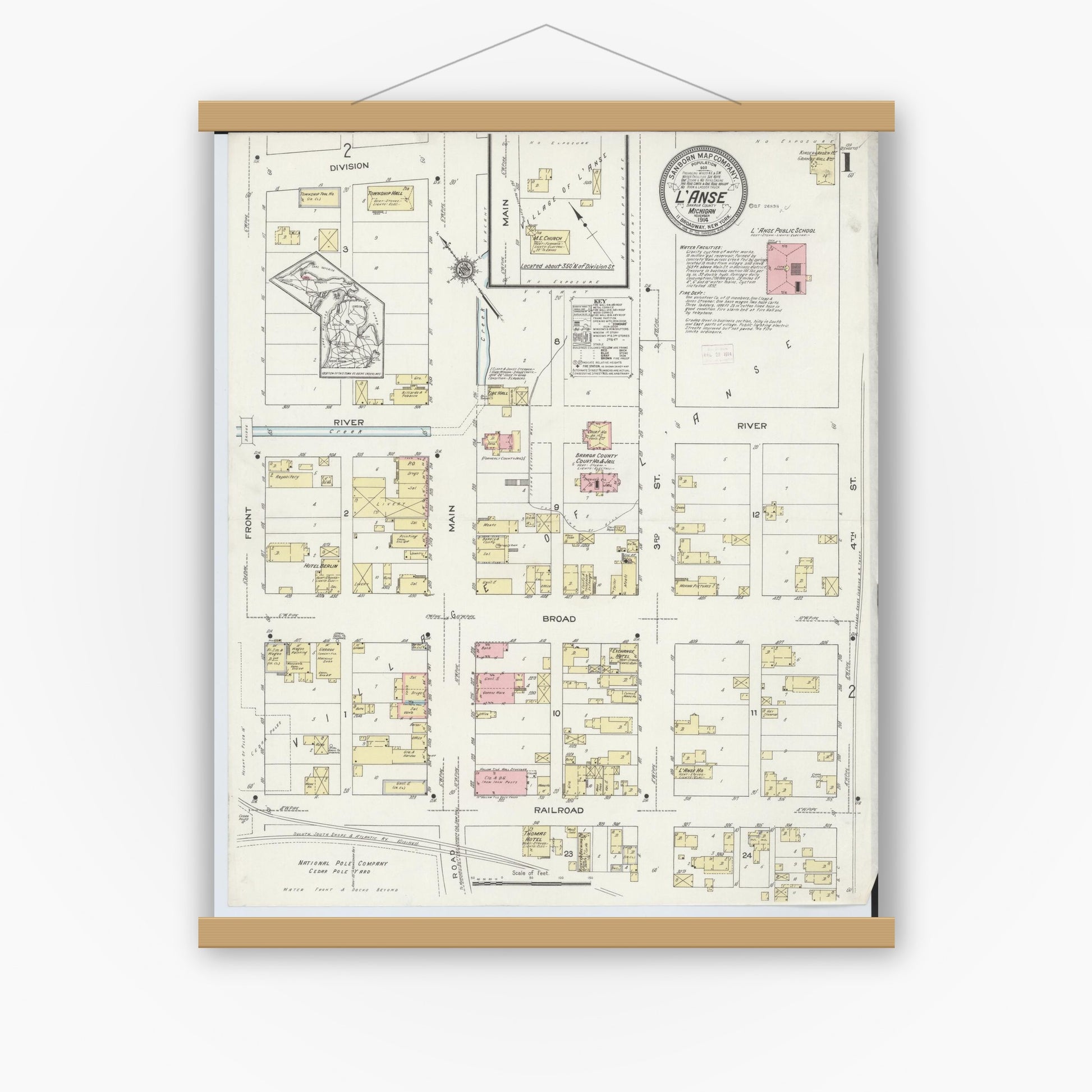 Old map wall art mockup — magnetic wood frame on white wall — Sanborn Fire Insurance Map from L'Anse, Baraga County, Michigan (1914), Sheet #0001