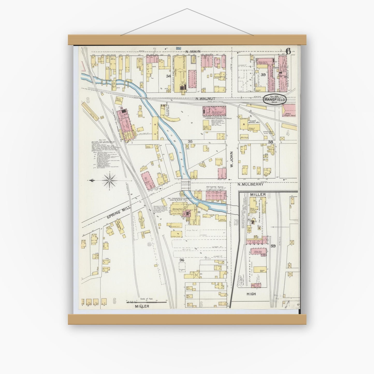 Old map wall art mockup — magnetic wood frame on white wall — Sanborn Fire Insurance Map from Mansfield, Richland County, Ohio (1892), Sheet #0006