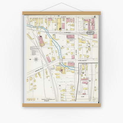 Old map wall art mockup — magnetic wood frame on white wall — Sanborn Fire Insurance Map from Mansfield, Richland County, Ohio (1892), Sheet #0006