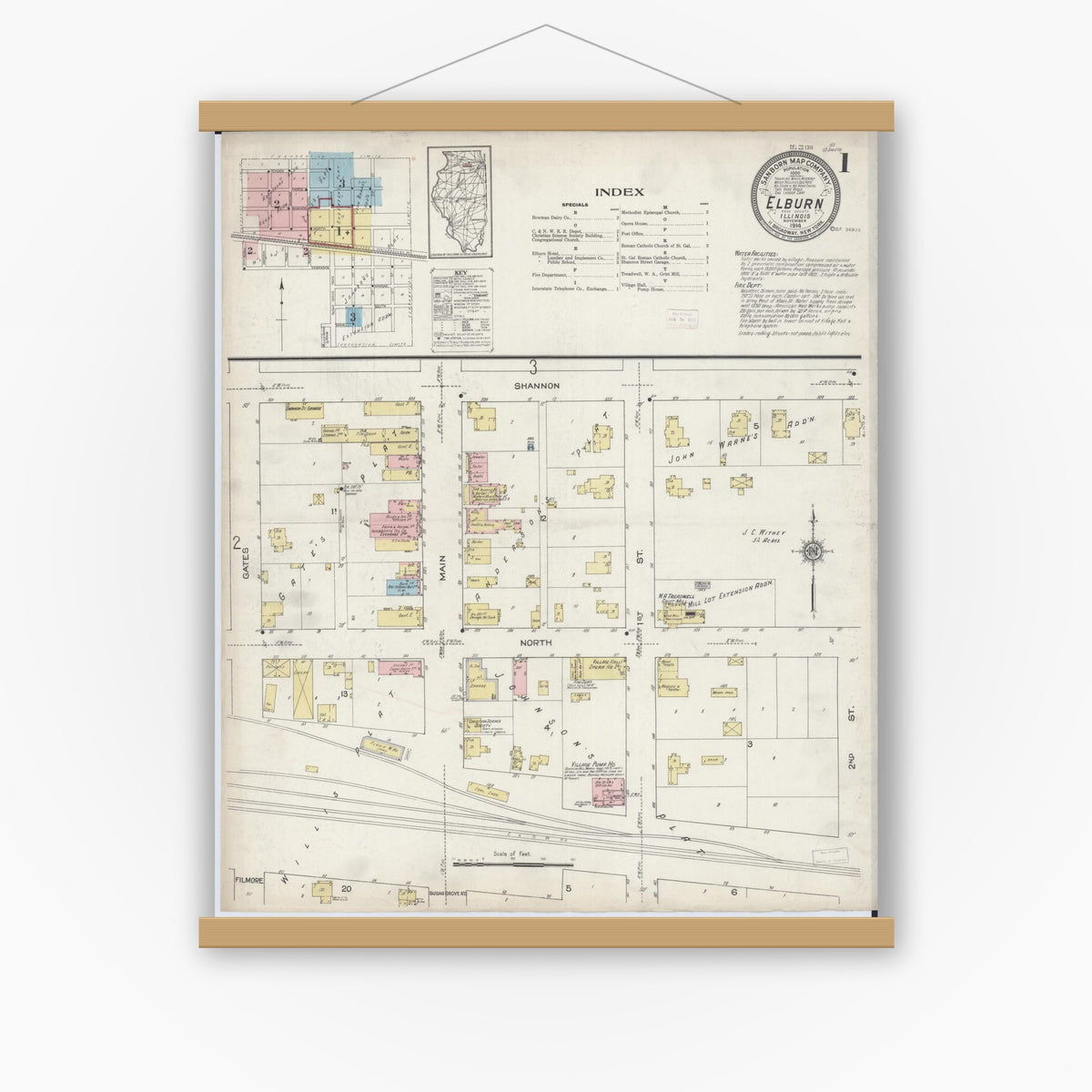 Old map wall art mockup — magnetic wood frame on white wall — Sanborn Fire Insurance Map from Elburn, Kane County, Illinois (1914), Sheet #0001