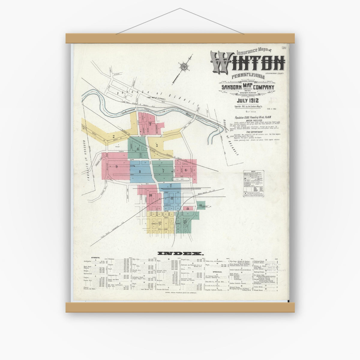 Old map wall art mockup — magnetic wood frame on white wall — Sanborn Fire Insurance Map from Winton, Lackawanna County, Pennsylvania (1912) - Complete Map Set