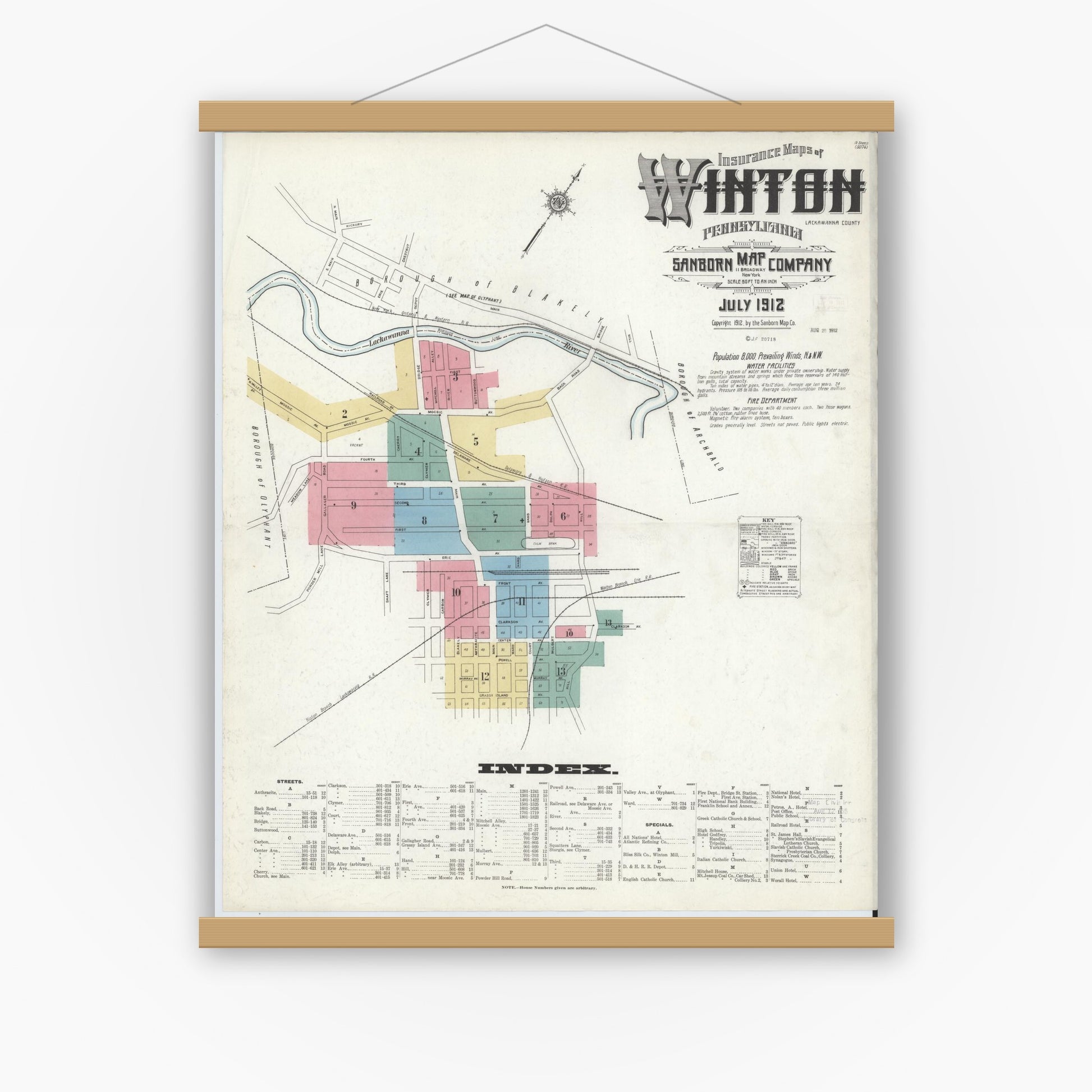 Old map wall art mockup — magnetic wood frame on white wall — Sanborn Fire Insurance Map from Winton, Lackawanna County, Pennsylvania (1912) - Complete Map Set