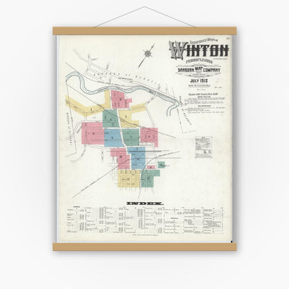 Old map wall art mockup — magnetic wood frame on white wall — Sanborn Fire Insurance Map from Winton, Lackawanna County, Pennsylvania (1912) - Complete Map Set