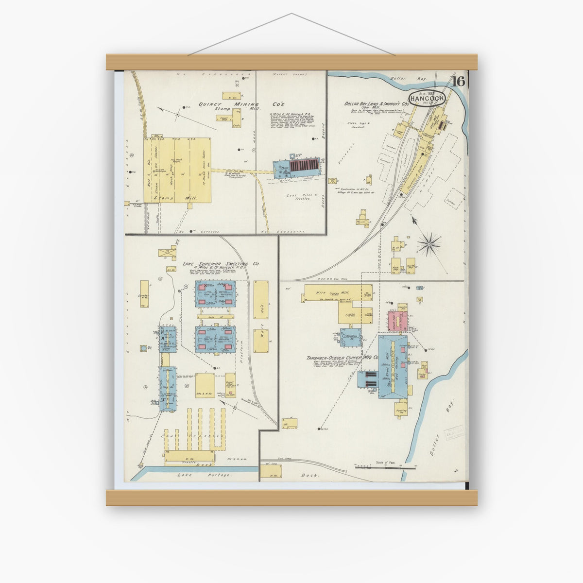 Old map wall art mockup — magnetic wood frame on white wall — Sanborn Fire Insurance Map from Houghton, Houghton County, Michigan (1893), Sheet #0016