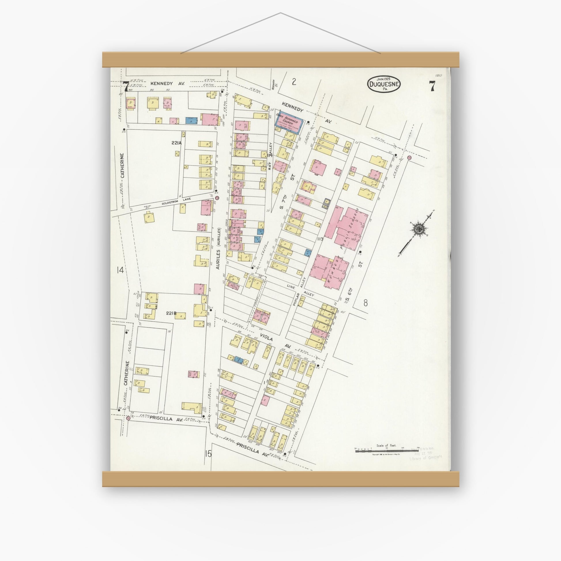 Old map wall art mockup — magnetic wood frame on white wall — Sanborn Fire Insurance Map from Duquesne, Allegheny County, Pennsylvania (1925), Sheet #0007