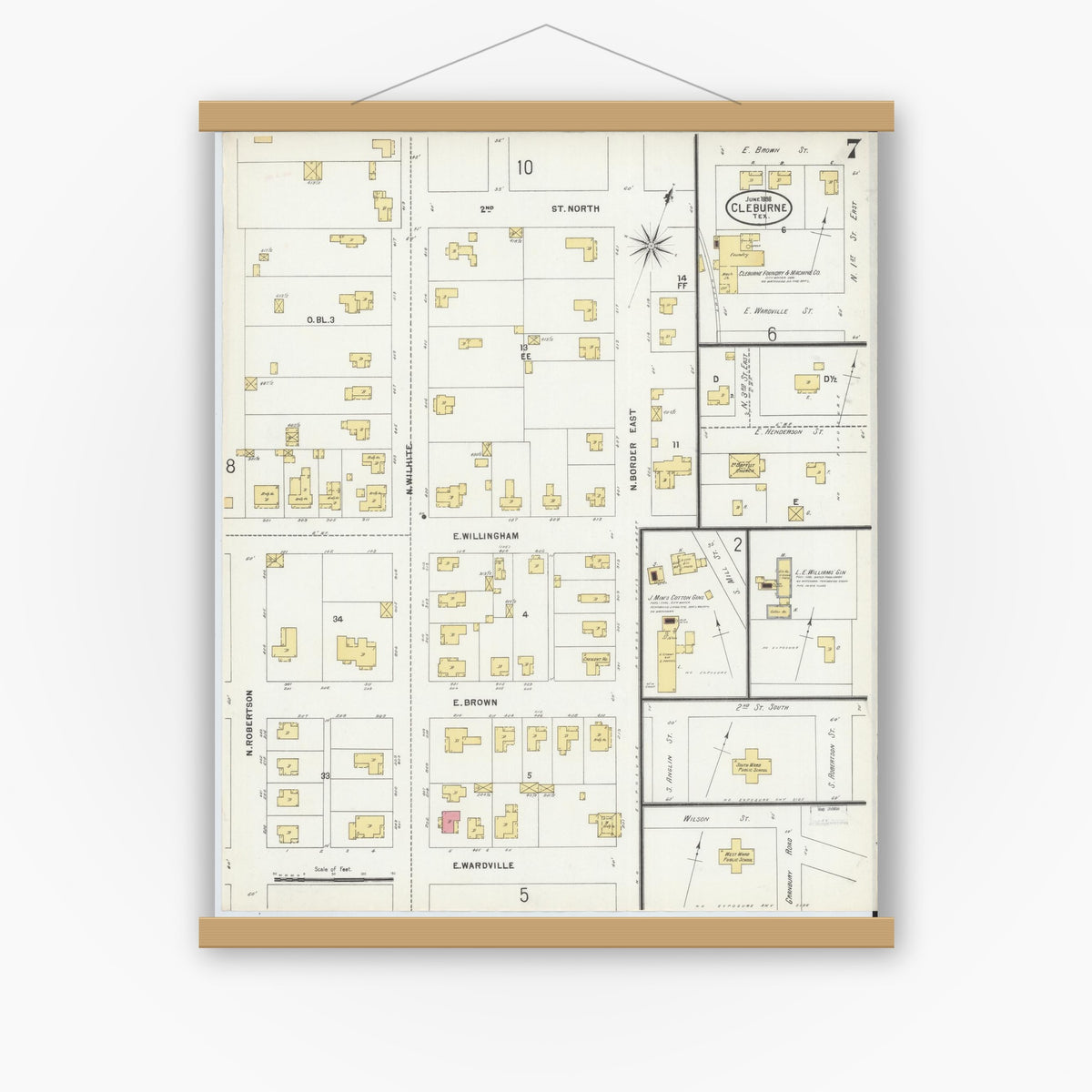 Old map wall art mockup — magnetic wood frame on white wall — Sanborn Fire Insurance Map from Cleburne, Johnson County, Texas (1898), Sheet #0007