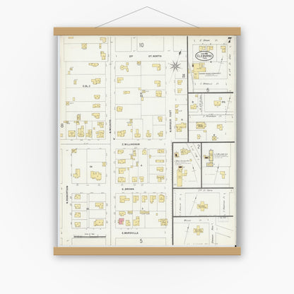 Old map wall art mockup — magnetic wood frame on white wall — Sanborn Fire Insurance Map from Cleburne, Johnson County, Texas (1898), Sheet #0007