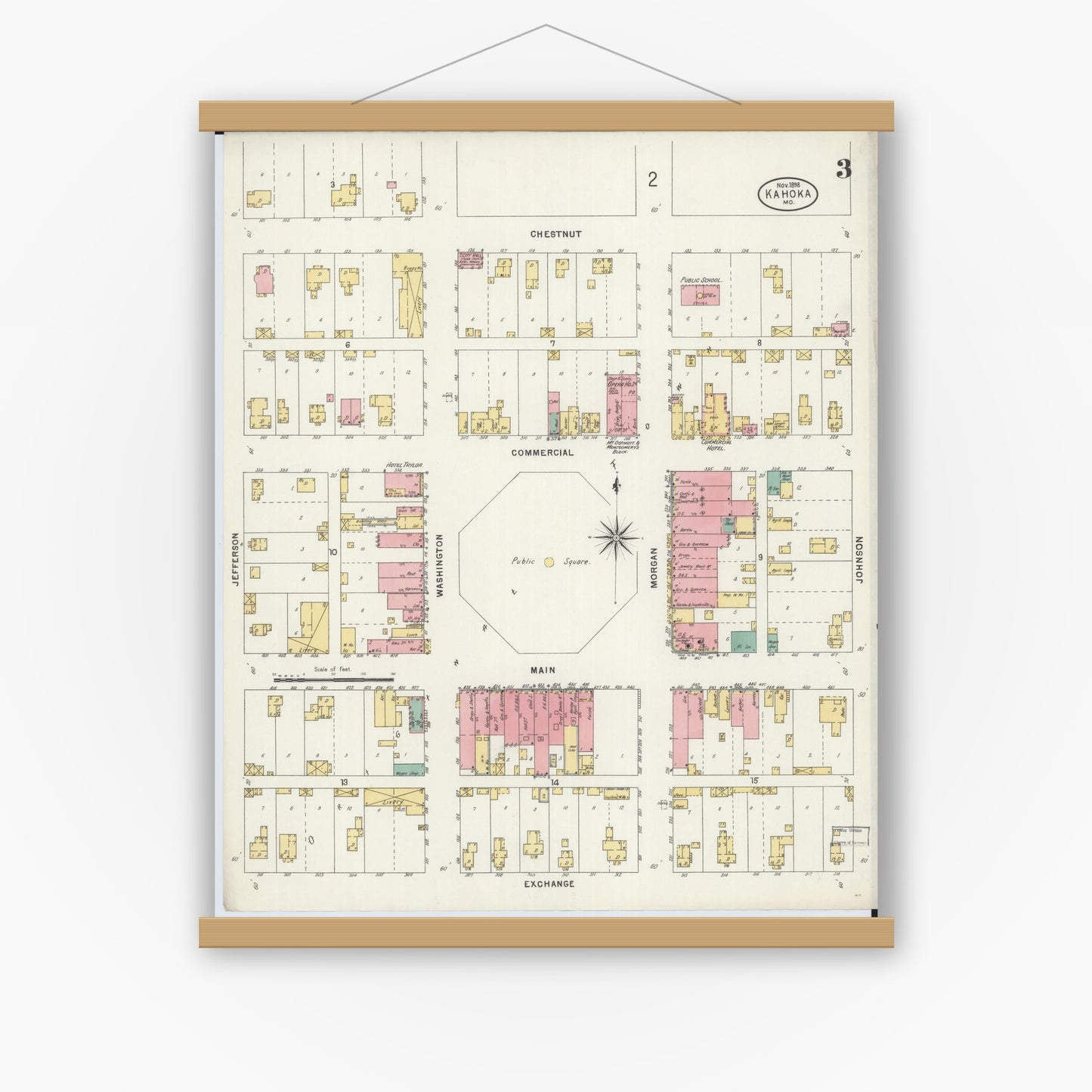Old map wall art mockup — magnetic wood frame on white wall — Sanborn Fire Insurance Map from Kahoka, Clark County, Missouri (1898), Sheet #0003