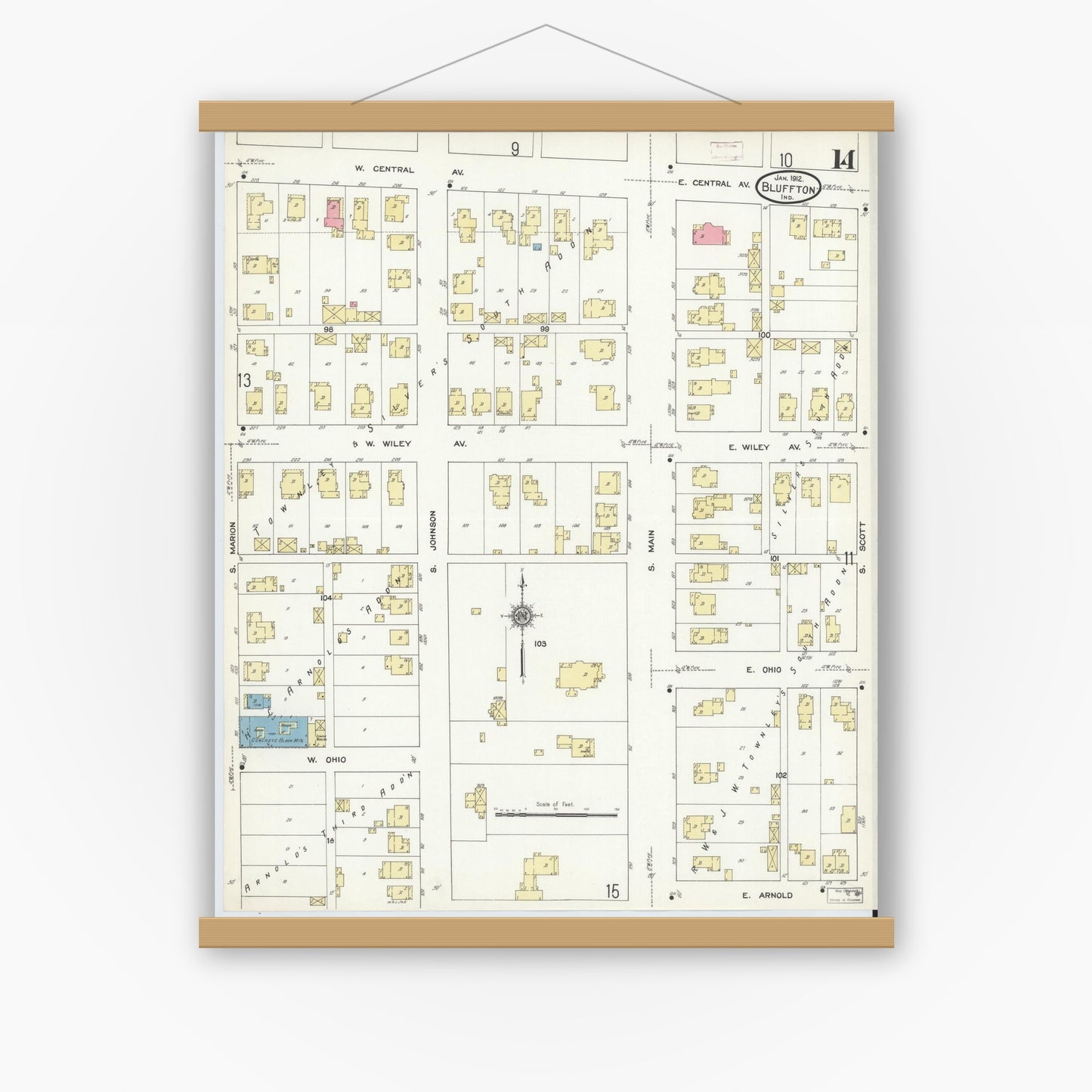 Old map wall art mockup — magnetic wood frame on white wall — Sanborn Fire Insurance Map from Bluffton, Wells County, Indiana (1912), Sheet #0014