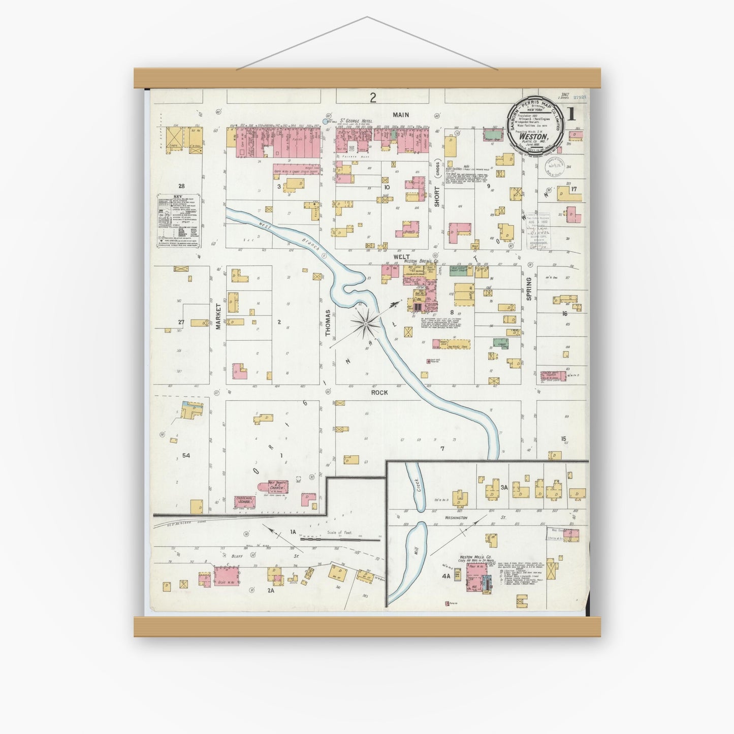 Old map wall art mockup — magnetic wood frame on white wall — Sanborn Fire Insurance Map from Weston, Platte County, Missouri (1900) - Complete Map Set