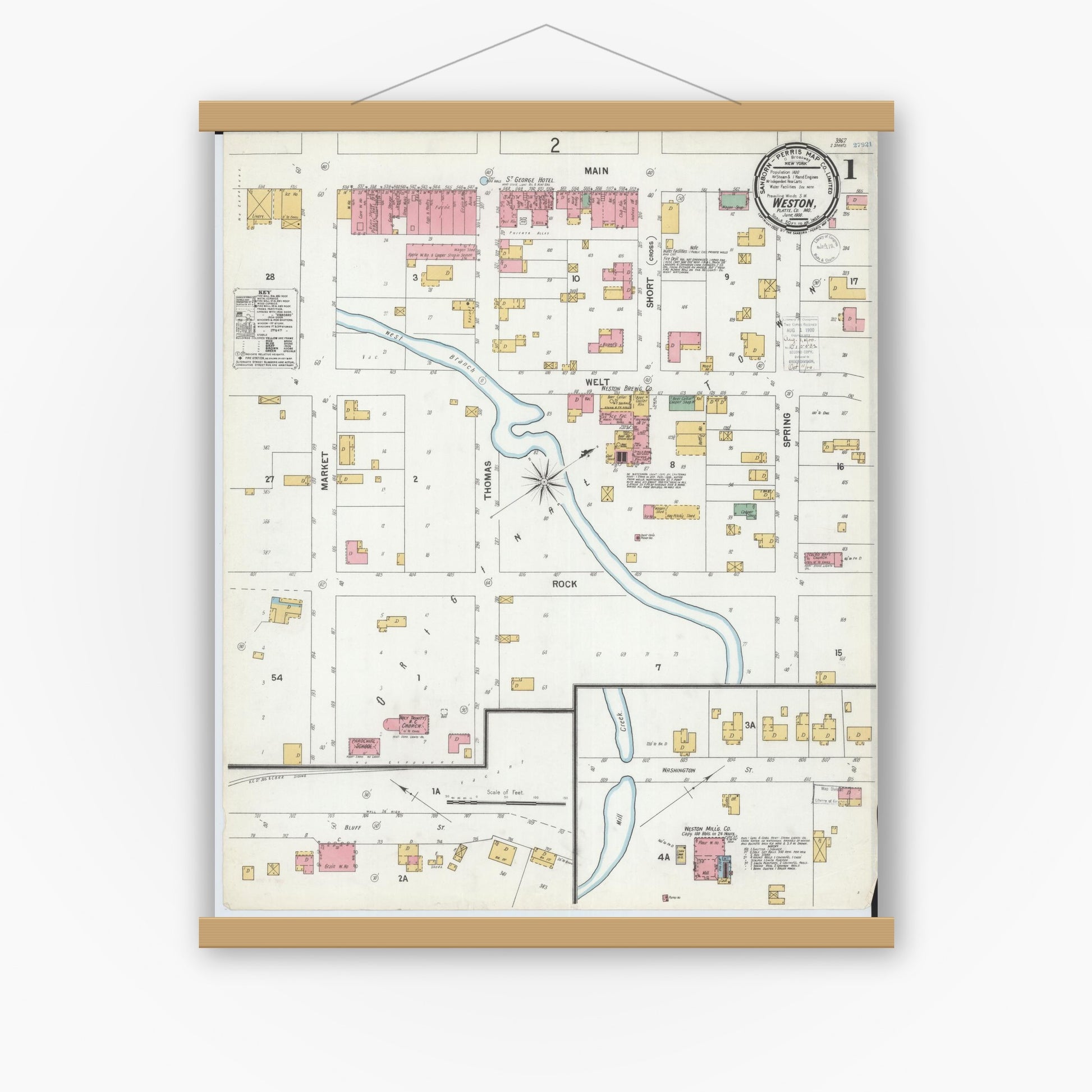 Old map wall art mockup — magnetic wood frame on white wall — Sanborn Fire Insurance Map from Weston, Platte County, Missouri (1900) - Complete Map Set