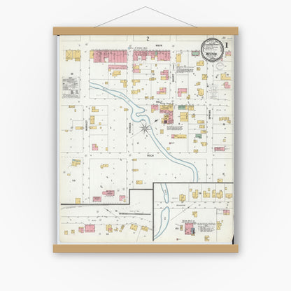 Old map wall art mockup — magnetic wood frame on white wall — Sanborn Fire Insurance Map from Weston, Platte County, Missouri (1900) - Complete Map Set